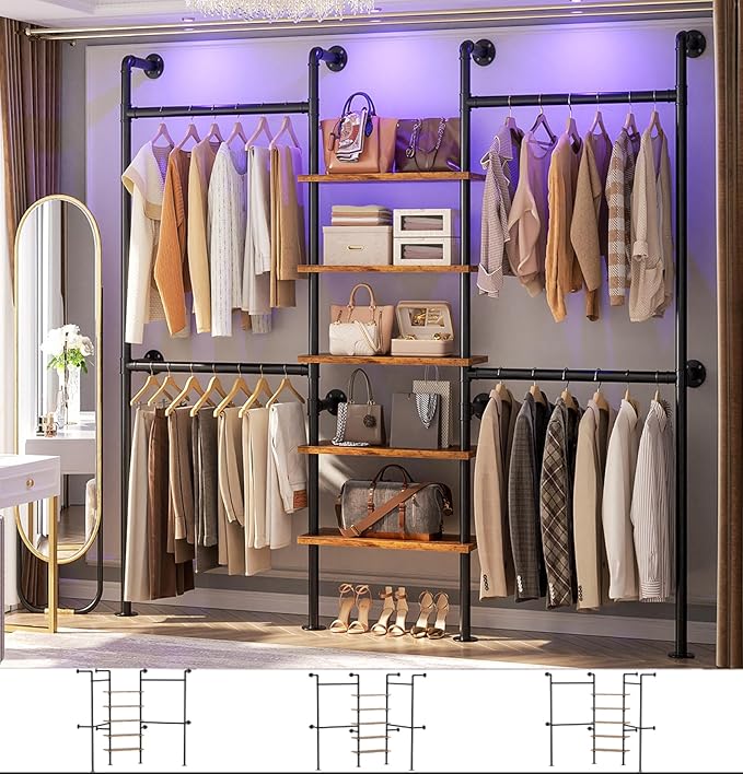 Aheaplus Industrial Pipe Clothing Rack, Reversible 6.42FT Clothes Rack for Hanging Clothes, Heavy Duty 5-Tier Closet Wardrobe Garment Racks with Shelves, Corner Closet Organizer System, Rustic Brown