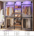 Aheaplus Industrial Pipe Clothing Rack, Reversible 6.42FT Clothes Rack for Hanging Clothes, Heavy Duty 5-Tier Closet Wardrobe Garment Racks with Shelves, Corner Closet Organizer System, Rustic Brown