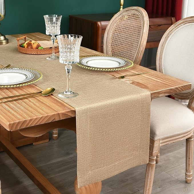 NEWISHER Farmhouse Rustic Table Runner Solid Flaxen Rectangular Table Runners Faux Linen Table Runner for Everyday Use Kitchen Dining Party Table 13x60 Inch