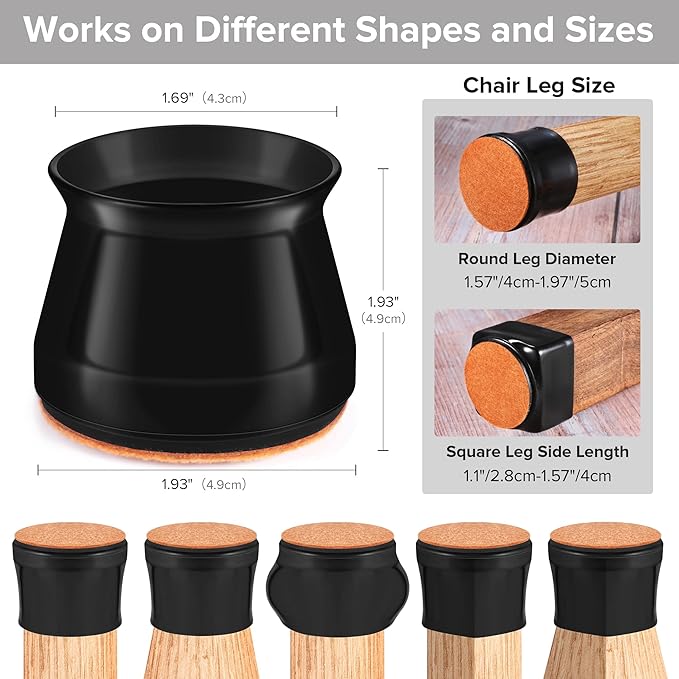 24PCS Upgraded Silicone Chair Leg Floor Protectors for Hardwood Floors, Furniture Sliders for Chair Legs, Felt Bottom Furniture Pads, Anti-Slip Round&Square Cap Covers to Scratch and Reduce Noise