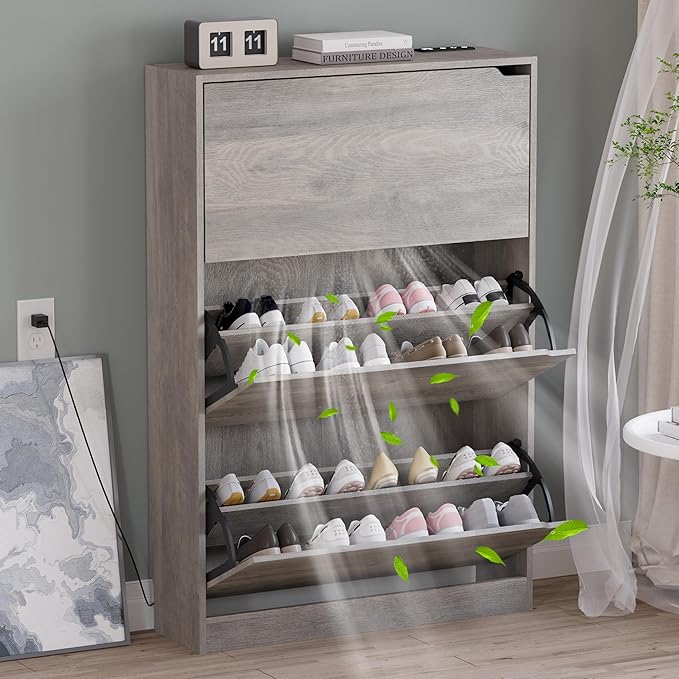 Shoe Cabinet with Odor Control and Back Panels, Deodorizing Slim 3-Flip Shoe Storage Cabinet for Entryway, Freestanding Hidden Shoe Rack Organizer for Entrance, Hallway, Bedroom