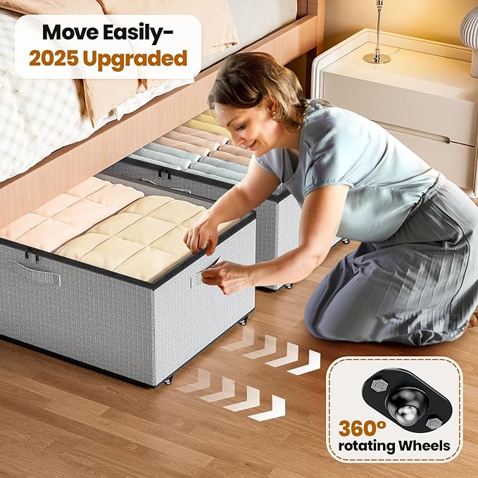 Underbed Storage with Wheels, 2 Pack Under Bed Storage Containers with Clear Lids, No Assembly Required 10.1 inch Rolling Under Bed Storage for Clothes, Grey