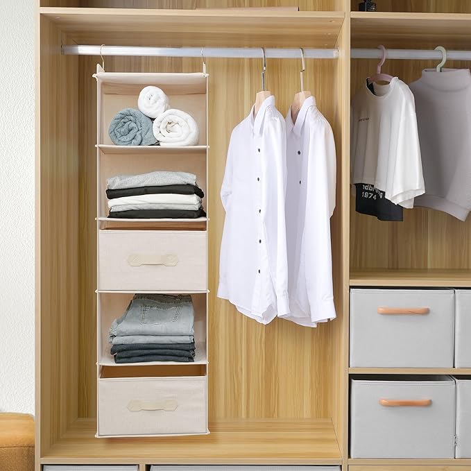 Large Hanging Sweater Organizer for Closet,Collapsible 6-Shelf Hanging Closet Shelves with Drawers, Washable (Beige -5 Shelf-2 d)