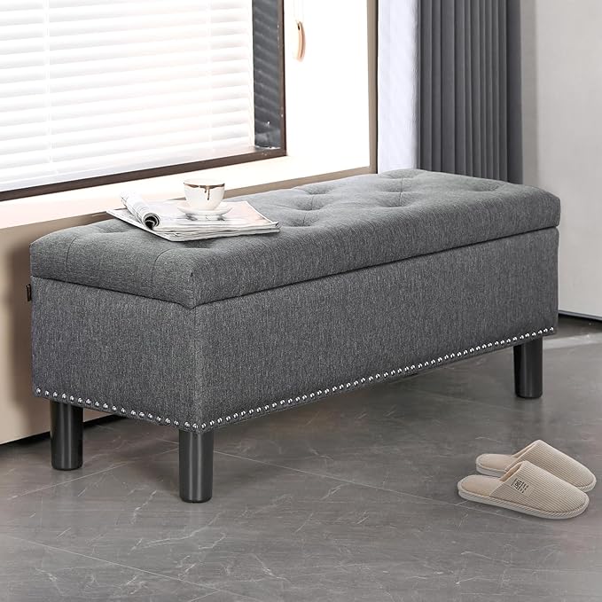Furnimart 42.5 Inch Storage Ottoman Bench, Flip Top End of Bed Storage Bench, Upholstered Blanket Bench for Bedroom, Entryway, Living Room, Tufted Linen (Dark Grey)