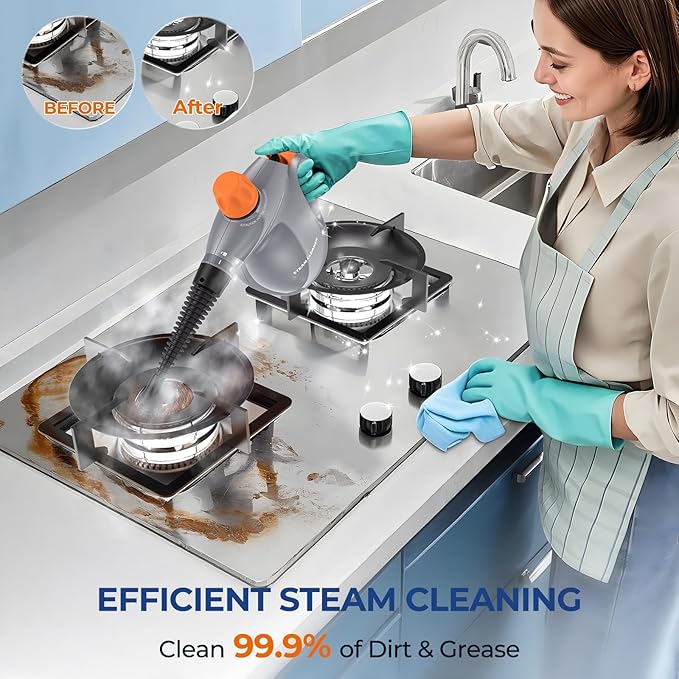 LABIGO Steam Cleaner, Pressurized Handheld 13pcs Multi-Purpose Natural Deep Cleaning Steamer, Portable Steamer for Cleaning Home, Grout, Kitchen, Car, Window, Upholstery, Bathroom and Clothes, Gray
