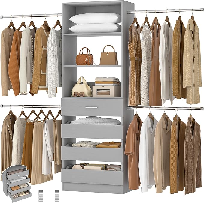 Aheaplus Closet System, 4-9Ft Closet Organizer with 4 Wooden Drawers, Wood Closet Organizer System with Tower, Walk-in Closet Organizer Wardrobe Garment Clothes Rack with 4 Hanging Rods, Grey