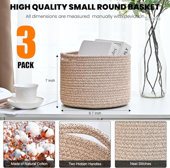 Small Storage Baskets for Organizing, Organizer Baskets for Shelves, Small Woven Basket for Storage, Cute Cotton Rope Basket for Gifts Empty, 9.7"×9.7"×7" (3 Packs) Brown