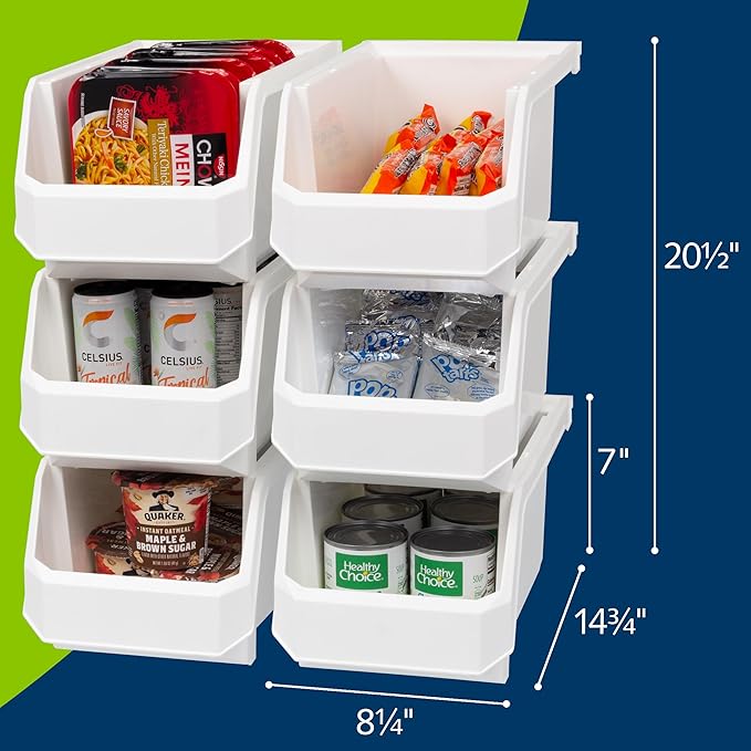 Large Plastic Containers for Organizing and Storage Bins for Closet, Kitchen, Office, or Pantry Organization, 14.75-Inch x 8-Inch x 7-Inch 6-Pack, White, Large