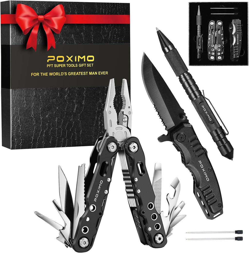 Multitool Gift Set for Men Dad Him, 3-in-1 EDC Survival Kit with 14 in1 Multi-Pliers, Pocket Knife & Tactical Pen | Premium Military-Grade Multi Tools for Camping, Car, Father’s Day, Dad Gifts