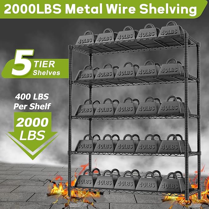 Storage Shelves, 48" L x 20" W x 72" H Heavy Duty Garage Wire Shelving Unit Loads 2000LBS, 5-Tier Adjustable Metal Industrial Utility Shelf Rack for Kitchen, Laundry Room, Basement