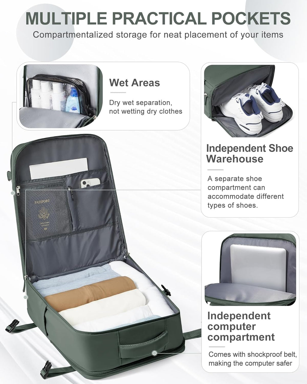 coowoz Large Travel Backpack Carry On for Women Man Waterproof Gym Backpacks Mochila de Viaje Teacher Travel Bag Essentials Personal Item Backpack Rucksack Airplane Accessories Must Haves Olive Green