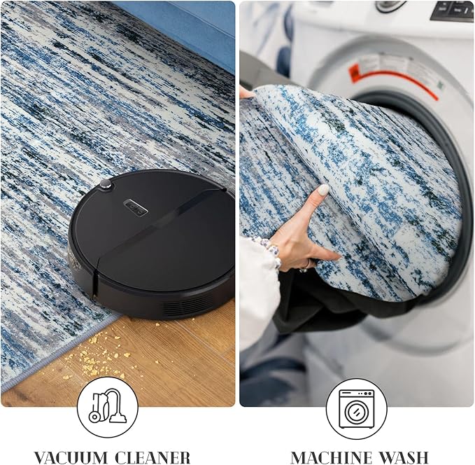 Modern Abstract 4x6 Living Room Washable Rug Non-Slip Soft Bedroom Area Rug Grey Blue White Thin Print Faux Wool Floor Carpet Throw Rugs for Nursery Playroom Dining Room Indoor Home Decor