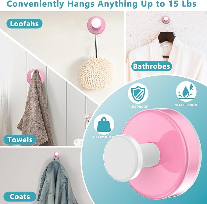 Suction Cup Hooks for Shower,Removable No Drill Towel Hooks,Upgraded 15 lbs Strong Suction hooks for Bathroom Tile,Shower Wall,Glass Door,Kitchen-Loofah,Coat,Stainless Waterproof-Pink White 4 Pcs