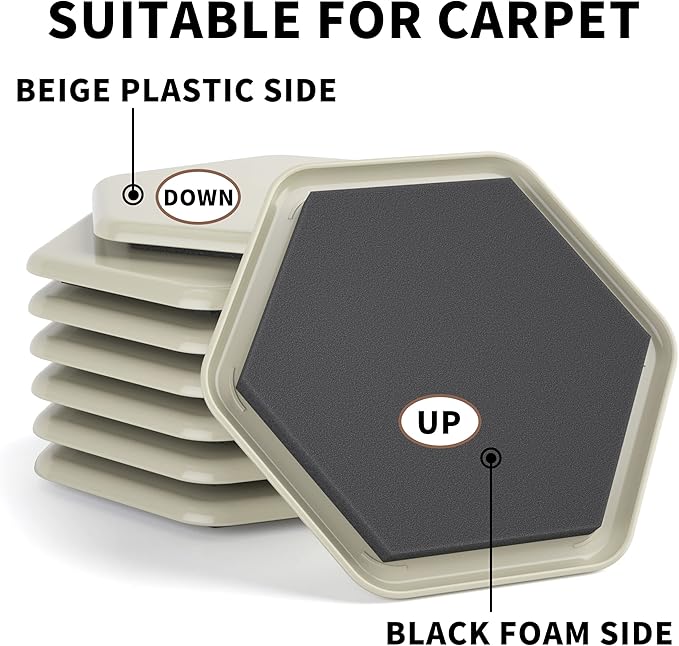 Furniture Sliders - 20 pcs-3 1/2” Hexagon Beige Furniture Sliders for Carpet, Heavy Duty Furniture Movers Sliders, Reusable Furniture Moving Pads, Floor Protectors for Carpet