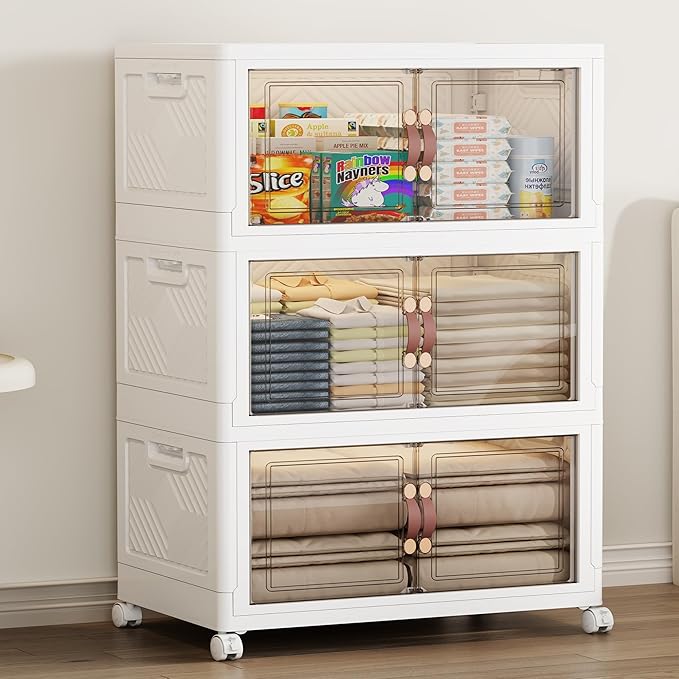 SAILUN 231QT Extra Large Collapsible Storage Bins with Wheels and Lid, Stackable Storage Bins Open Closet Organizers and Storage Storage Containers Drawers,23.6" L × 15" W × 42" H（3 Pack）