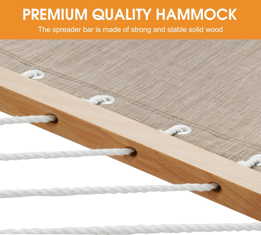 Lazy Daze Hammocks 11 FT Double Outside Hammock Quick Dry Olefin Fabric Hammock with Spreader Bar & Side Pocket for Outdoor Poolside Backyard 450 lbs Capacity, Khaki