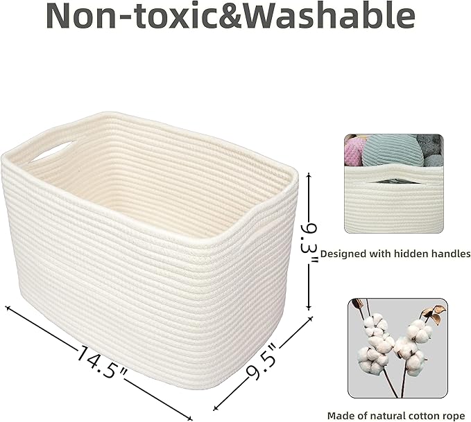 Cotton Rope storage Basket Bins Woven Basket for Organizing Shelves Rectangle Decorative Baskets For storage Clothes Toys Books Towels Square Wicker Nursery basket organizer 3 pack white