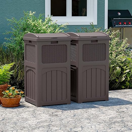 Patiowell 36 Gallon Outdoor Trash Can, Resin Outdoor Garbage Can with Lid for Patio, Backyard, Deck, Dark Brown (2 Pack)