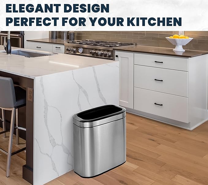 Alpine Stainless Steel Open Top Trash Can 5 Gallon - 20L Garbage Can for Kitchen, Bathroom, Office & More with Removable Bin, Brushed Nickel Finish, Space-Saving Slim Modern Design