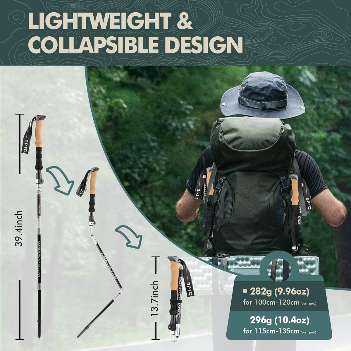 GPTCAMP Nordic Walking Stick, TPZ-1, 2pc Folding Collapsible Hiking Poles with Metal Quick Lock, Cork Handle, Lightweight 7075 Aluminum Trekking Poles for Seniors Women Men Hiking Gear