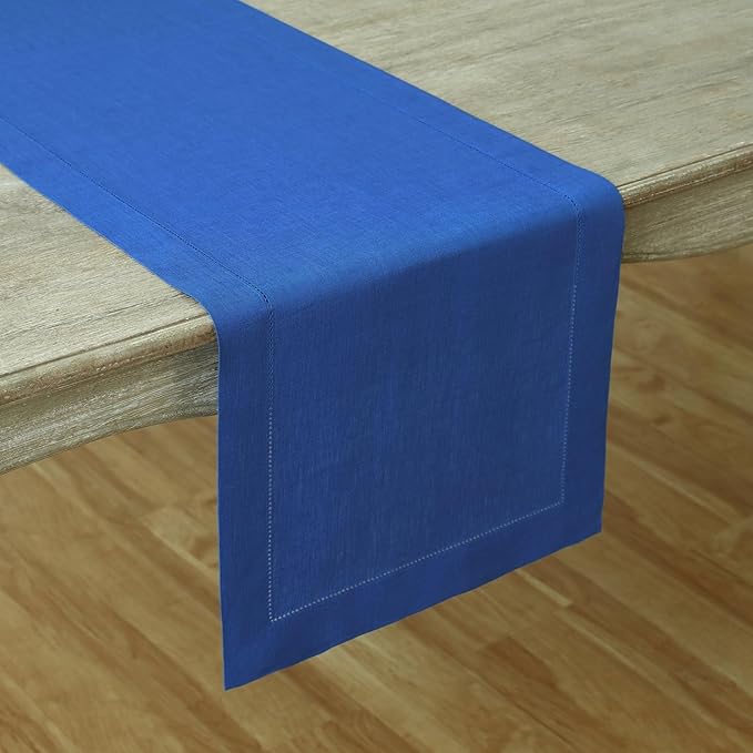Solino Home Linen Royal Blue Table Runner 108 Inches Long - 100% Pure Linen 14 x 108 Inch Table Runner for Holiday, Winter, Christmas, New Year - Classic Hemstitch