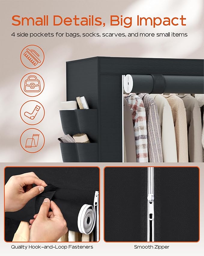 Portable Closet, 81.5 Inch Extra Large Capacity Wardrobe Closet with Cover, Clothes Storage Organizer with Shelves and 5 Hanging Rods, Easy to Assembly, Black PCT136B01