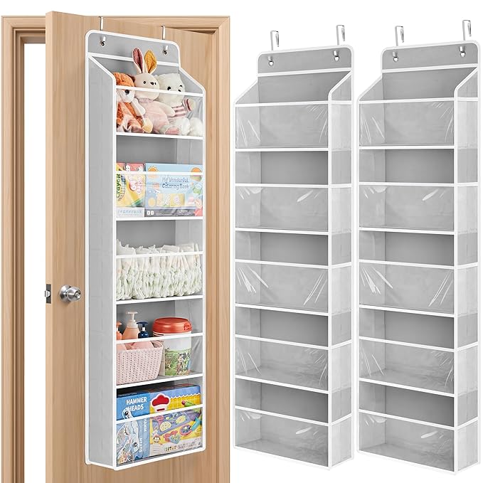 JARLINK 2 Pack Toy Stuffed Animal Storage, Over The Door Organizer W/Clear View Windows, 44lb Load, Baby Toy Storage Organizer for Nursery, Kid Bedroom, Newborn Baby Essentials (Light Grey)
