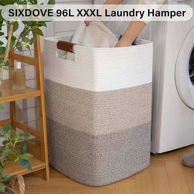 Laundry Hamper 96L Extra Large Laundry Basket, Woven Blanket Basket, Cotton Woven Storage Hamper with Handles for Living Room, Large Baskets for Pillows, Blankets, Clothes-Gradient Yellow