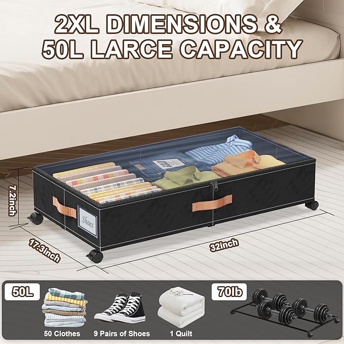 Under Bed Storage with Wheels, 2-Pack Under Bed Storage Containers with Clear Lids, XXL 65L Under the bed storage Organizer Bins, Rolling Under Bed Metal Drawer for Clothes,Shoes,Toys (Black, 2-Pack)
