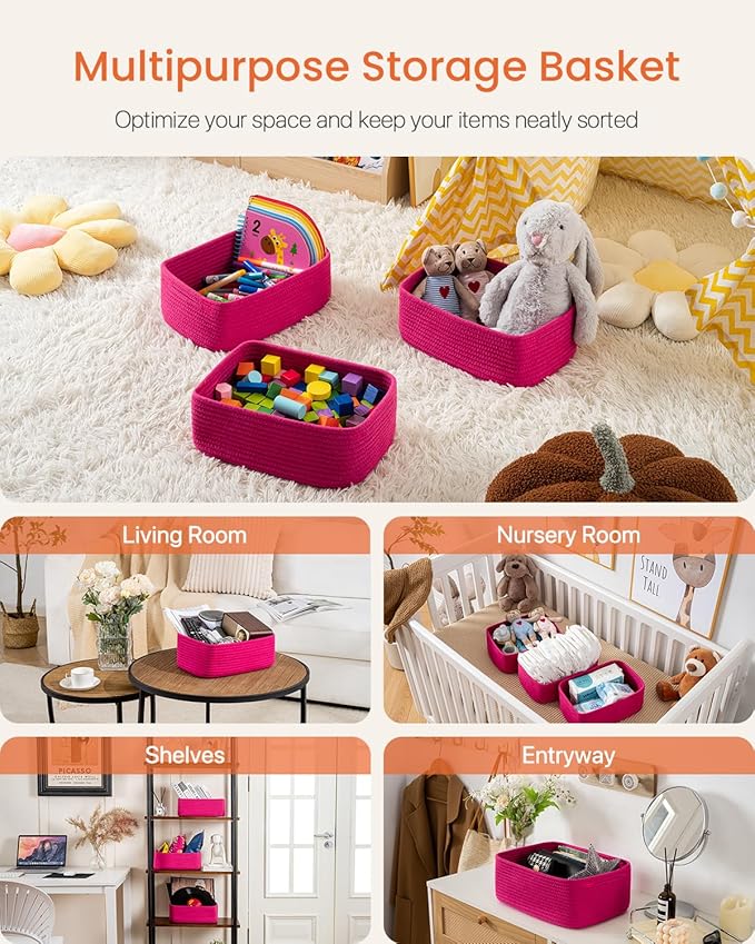 Small Woven Basket, 12 x 8 x 4.5 Inches, Storage Basket for Organizing, Cute Small Rope Shelf Closet Cube Storage Bins Baskets for Shelves, Dog Toy Gift Baskets Empty, 3 Packs, Hot Pink