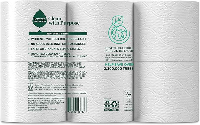 Seventh Generation Toilet Paper Recycled Bath Tissue 4-Pack 100% Recycled Paper 2-ply without Chlorine Bleach 12 Rolls