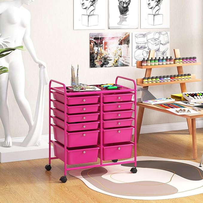 GOFLAME 12-Drawer Rolling Storage Cart, Multipurpose Organizer Cart with 2 Sizes Plastic Drawers, Mobile Utility Cart with Lockable Casters for School, Home Office, Beauty Salon, Hot Pink