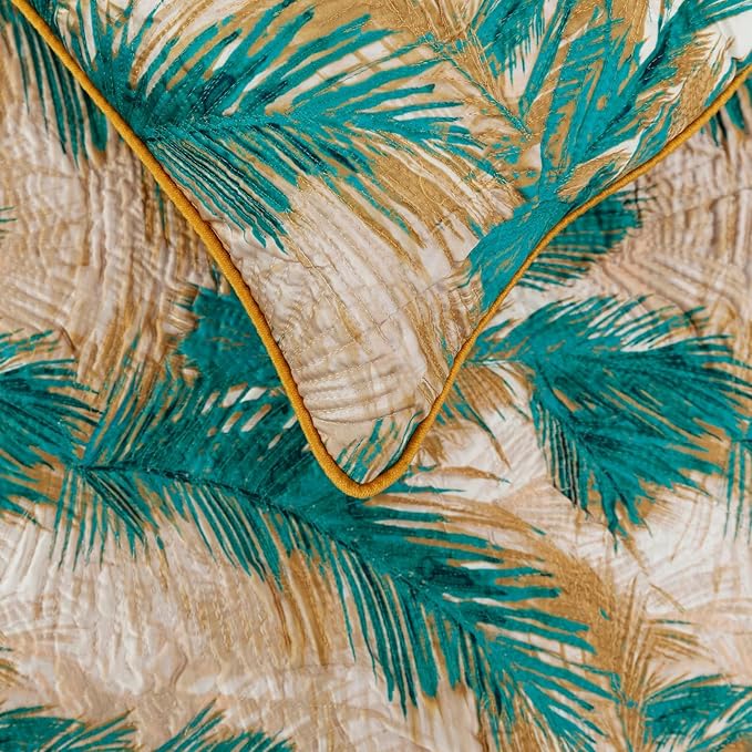 The HomeCentric King/Queen/Twin Green Decorative Twin 53"x18" Bed Runner with 2 Pillow Cover, Plam Leaves & Quilted Bed Scarf on Satin Fabric - Palms