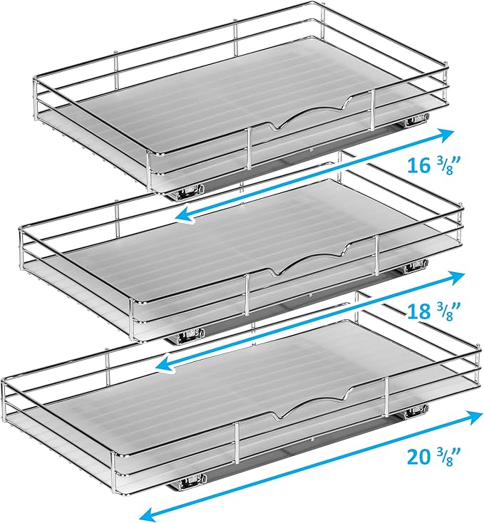 Pull Out Cabinet Organizer for Spices, Cans - Heavy Duty with Lifetime Limited Warranty- Pull Out Spice Rack- Cabinet Pull Out Shelf for Cans,Dishes, Etc, 18-3/8"Wx 10-1/2"D x 2-3/4” H, Chrome