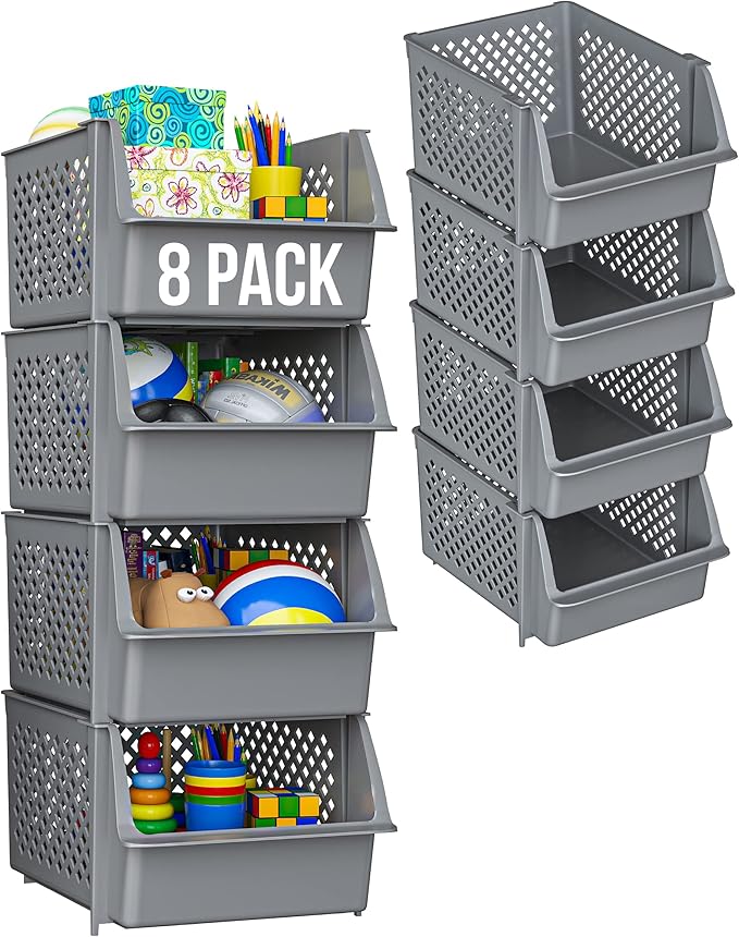 TidyFriend Plastic Stackable Bins for Pantry, 8 Pack Large Stacking Bins Open Front Kitchen, and Bathroom Organization, Open Front Design (Grey)