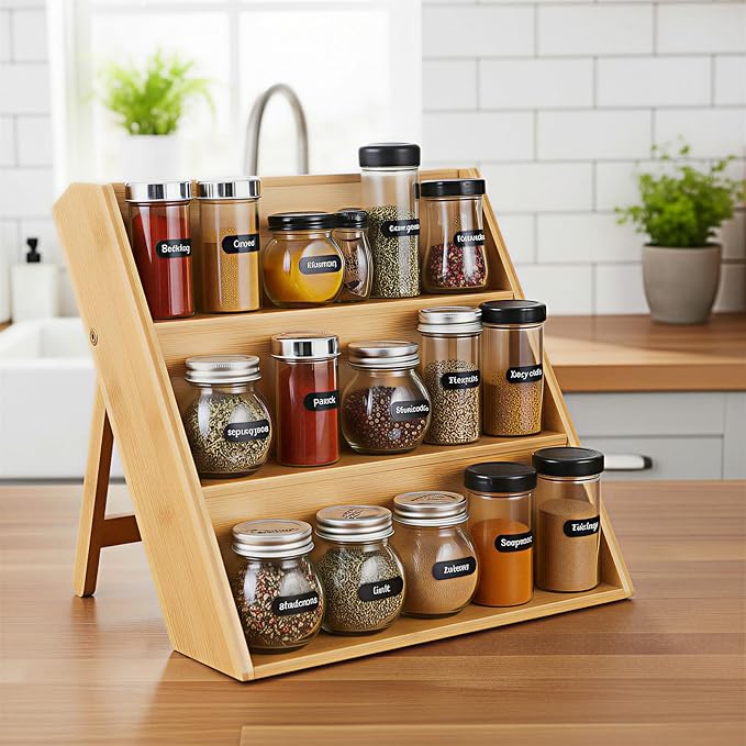 Bamboo Spice Rack Organizer for Kitchen Counter, 3 Tier Foldable Spice Shelf for Cabinet or Drawer (Jars Not Included)