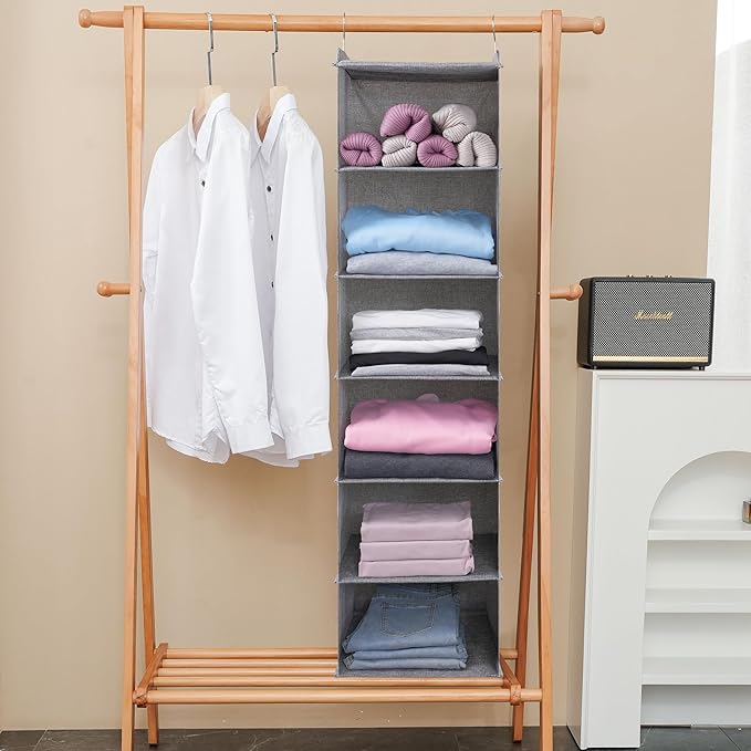 Large Hanging Sweater Organizer for Closet,Collapsible 6-Shelf Hanging Closet Shelves with Drawers, Washable (Grey-6 Shelf)