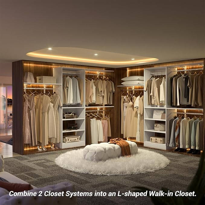 8FT Closet System with Shelves, 96'' Closet Organizer System with 3 Hanging Rods, Wall Mount Bedroom Wardrobe Walk-in Closet, Adjustable Cloth Garment Rack from 5 to 8FT (Cut to Fit), White