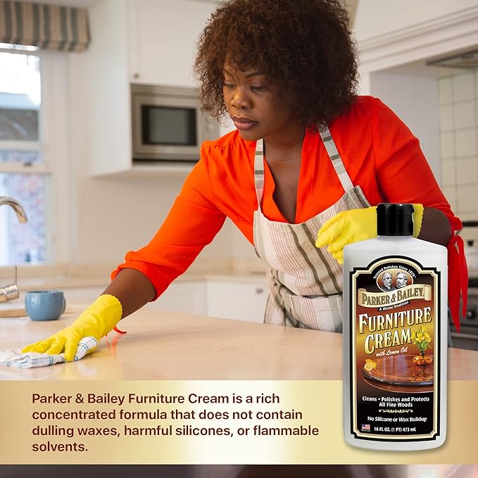 PARKER & BAILEY FURNITURE CREAM - Multisurface Wood Cleaner And Polish Furniture Quick Shine Restorer Protector Kitchen Cabinets Surface Cleaner House Cleaning Supplies Home Improvement, 16oz