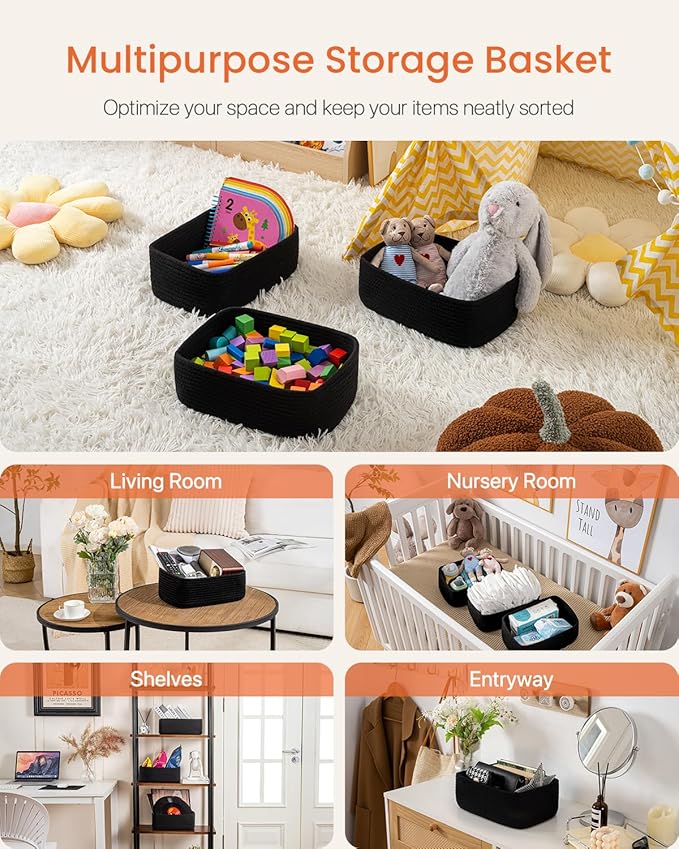 Small Woven Basket, 12 x 8 x 4.5 Inches, Storage Basket for Organizing, Cute Small Rope Shelf Closet Cube Storage Bins Baskets for Shelves, Dog Toy Gift Baskets Empty, 3 Packs, Black