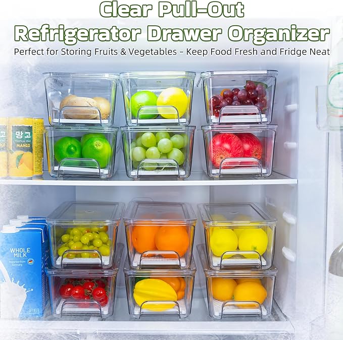 4 Pack Fridge Organizer Drawers, Stackable Pantry Organizers and Storage, Clear Pull-Out Refrigerator Organizer for Fruit, Vegetable Storage and Keep Fresh