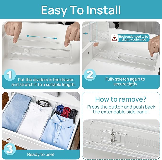 Vtopmart 12 Pack Drawer Dividers for Clothes, 4" High 10.2"-16.6" Adjustable Expandable Dresser Drawer Organizer, Clear Plastic Separators for Dresser, Baby Clothing, Underwear, Cosmetic, Toiletries