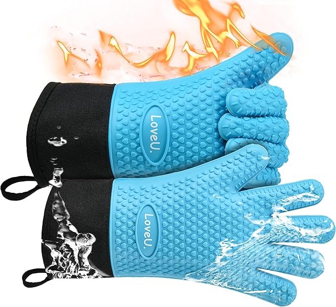Kitchen Oven Gloves - Silicone and Cotton Double-Layer Heat Resistant Oven Mitts/BBQ Gloves/Grill Gloves - Perfect for Baking and Grilling (XL-XXXL, Blue)