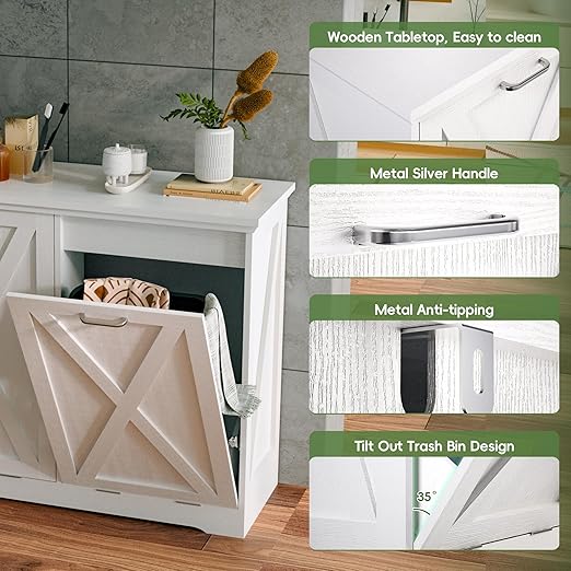 Betterhood Tilt Out Trash Can Cabinet, Hidden Trash Bin with Deodorizing & Negative Ion System, Pet-Proof Kitchen Waste Cabinet for Kitchen, Dining Room, Living Room (White, 2 * 10 Gallons)