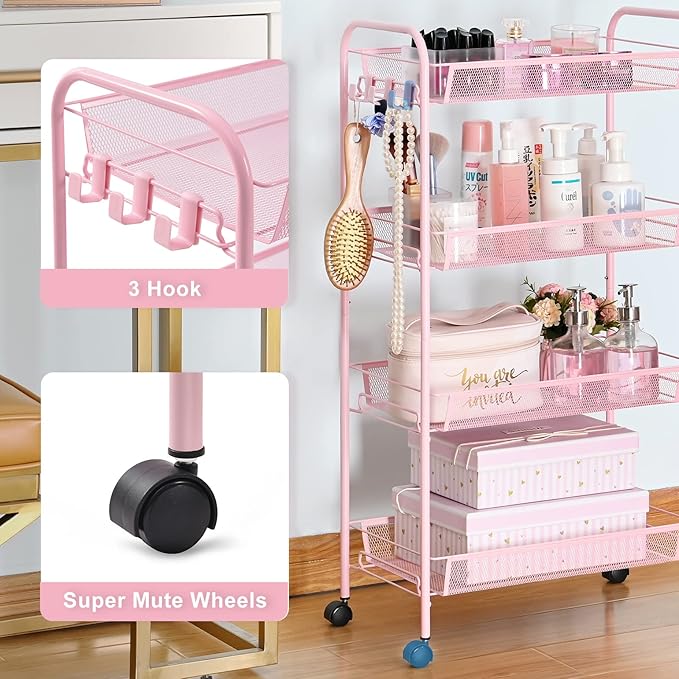 TOOLF 4 Tier Rolling Utility Cart - Durable Metal Design Pink Utility Cart, Storage Trolley on Wheels with 3 Hooks, Perfect for Kitchen, Bathroom & Laundry Room Organization