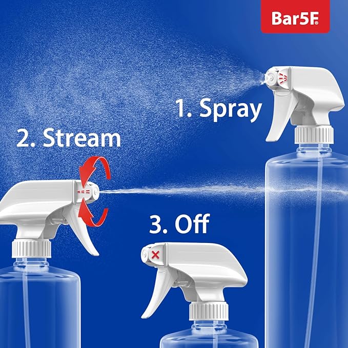 Bar5F Plastic Spray Bottles with Mixor Trigger, 32 oz | Professional, Leak Proof, Empty, Adjustable Fine to Powerful Sprayer, Refillable | Water Plants, Cleaning Solutions | Crystal Clear | Pack of 3