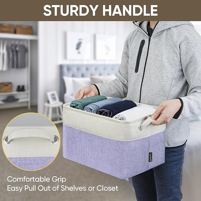 BALEINE 1 Pack Fabric Storage Bins for Shelves, Linen Storage Baskets for Organizing, Decorative Closet Bins for Clothes, Home (Lavender, 15''x11''x9.5'')