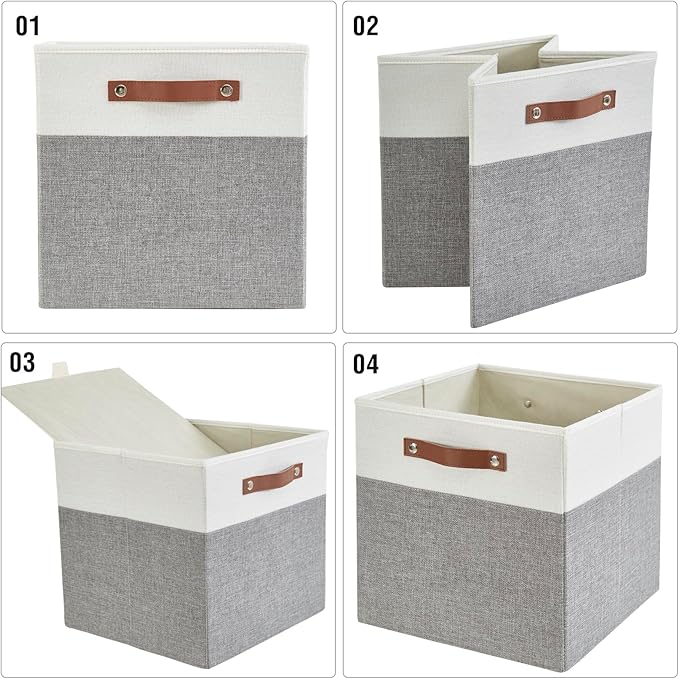 Collapsible Fabric Storage Cube Bins with 2 Reinforced PU Handles, Foldable Storage Organizer Baskets for Closet, Shelves, Living Room | 13"x13"x13", 4 Pack, Gray & White