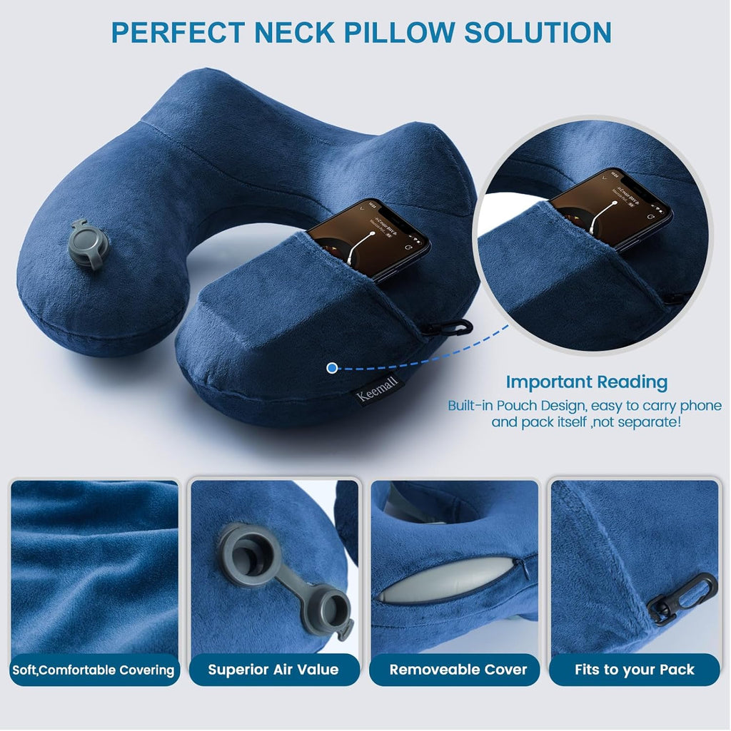 Inflatable Neck Pillow Airplane, Comfortable Inflatable Travel Neck Pillows for Airplanes Traveling on Plane, Soft Plush Cover Head Neck Rest Sleeping Long Flight for Car Train Office Home