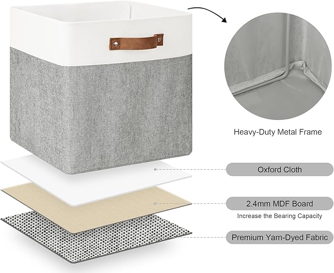 StorageWorks 13x13 Inches Storage Cube, Fabric Storage Bins with PU Handles, Collapsible Organizer Baskets for Closet, Gray and White, 4-Pack